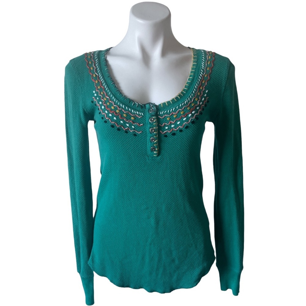 Free People We the Free Embroidered Waffle Henley Green Size M